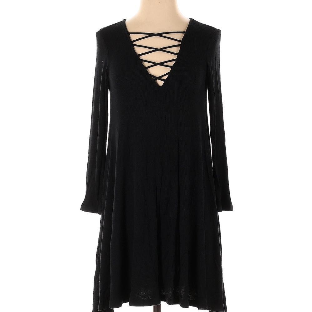 American Eagle soft & sexy ribbed long sleeve black dress with cross cross neck